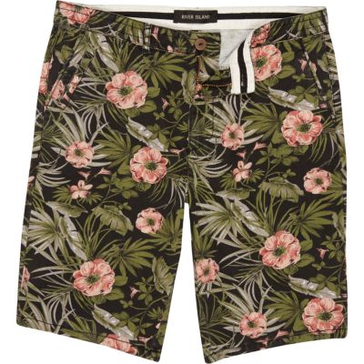 Black floral print knee length shorts